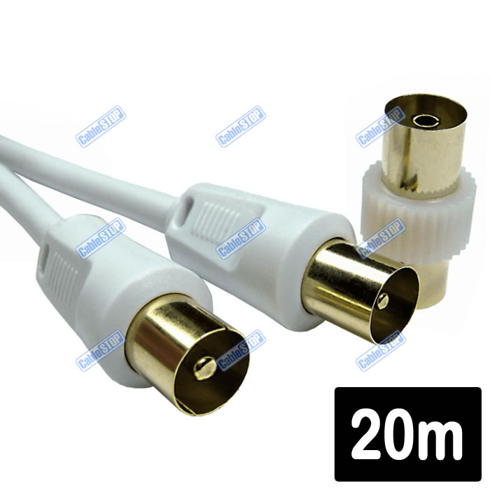 20m Coax Male to Male TV Aerial Coaxial Cable with FREE Adapter WHITE